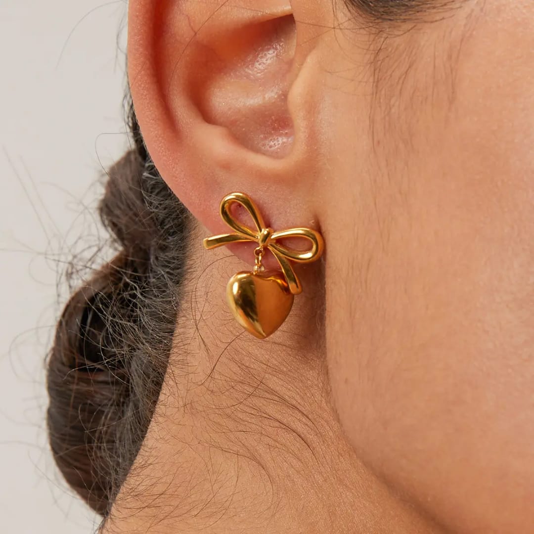 Golden Bow with Heart Earrings - Image 3