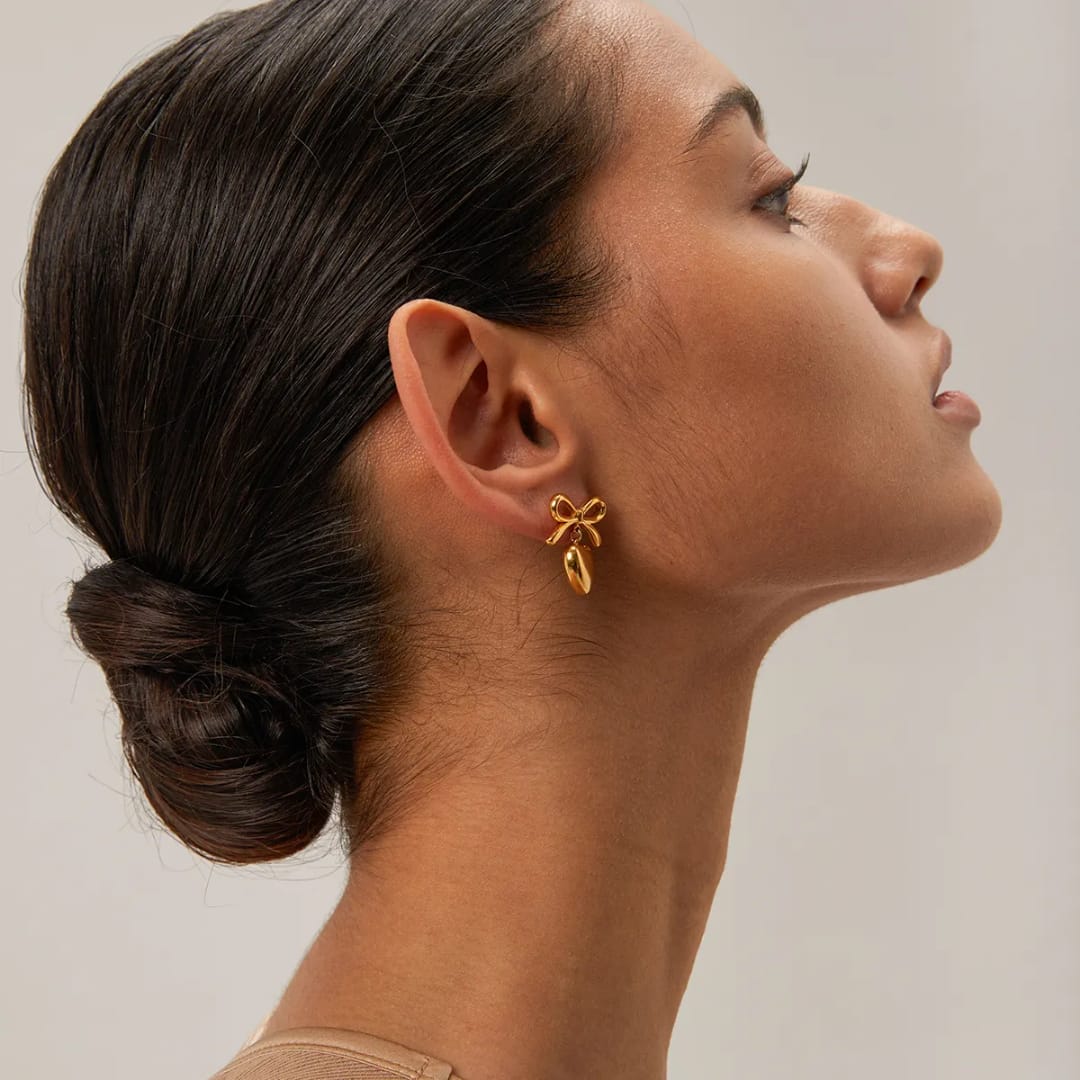 Golden Bow with Heart Earrings