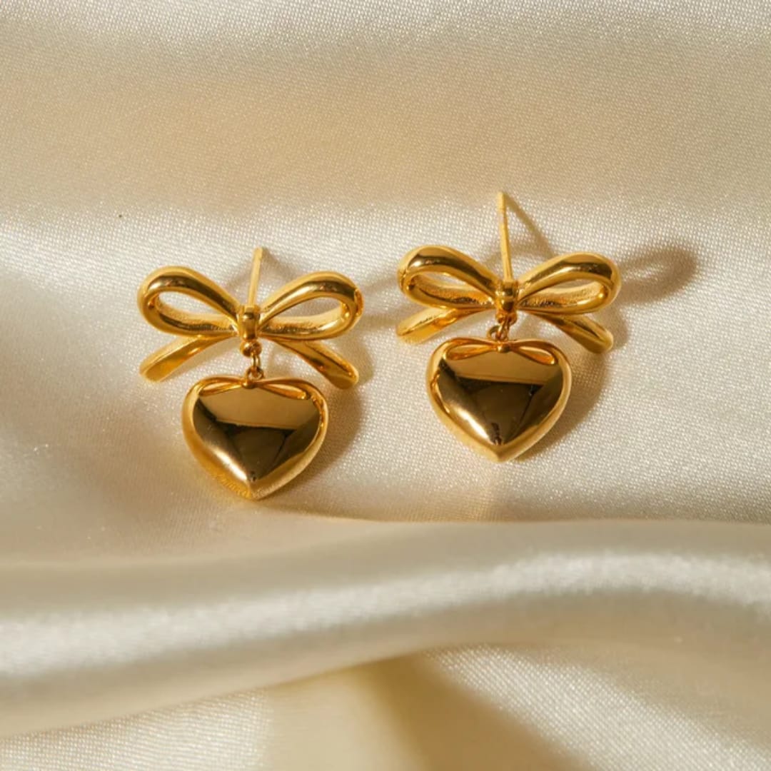 Golden Bow with Heart Earrings - Image 2