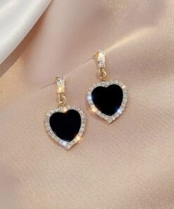 Heart Shape Black Stone Crystal Accent Earrings