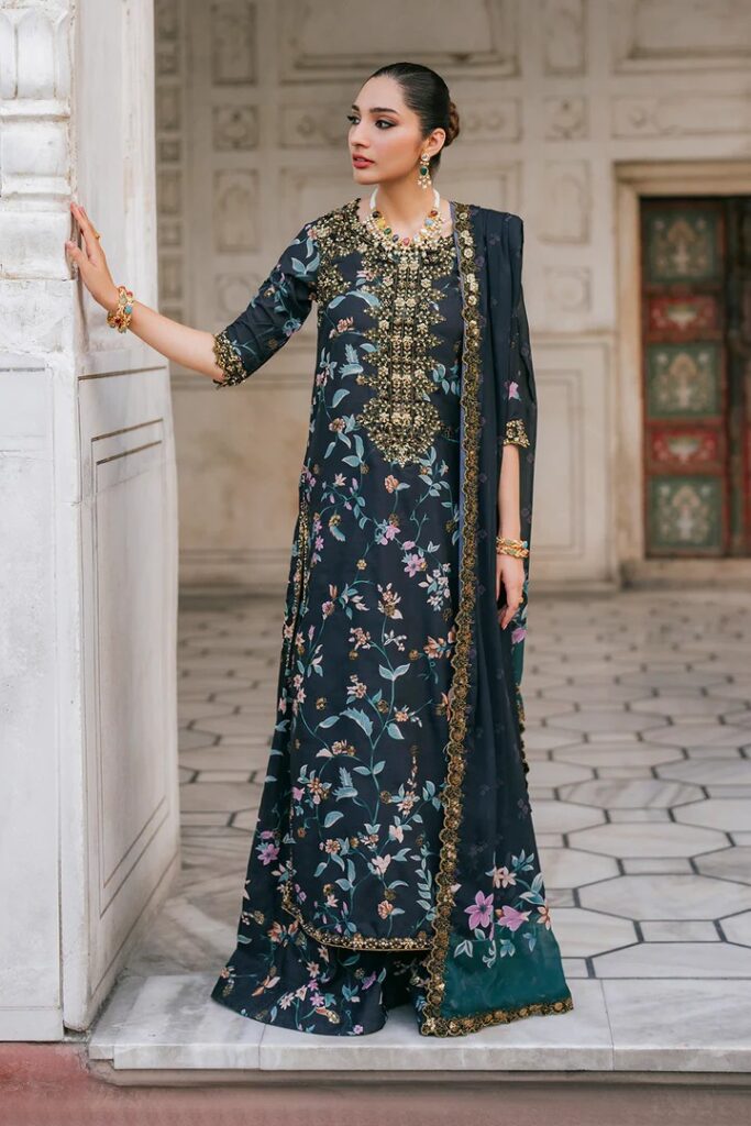 Embroidered Lawn with Digital Printed Silk Dupatta – 3PC Luxury Suit
